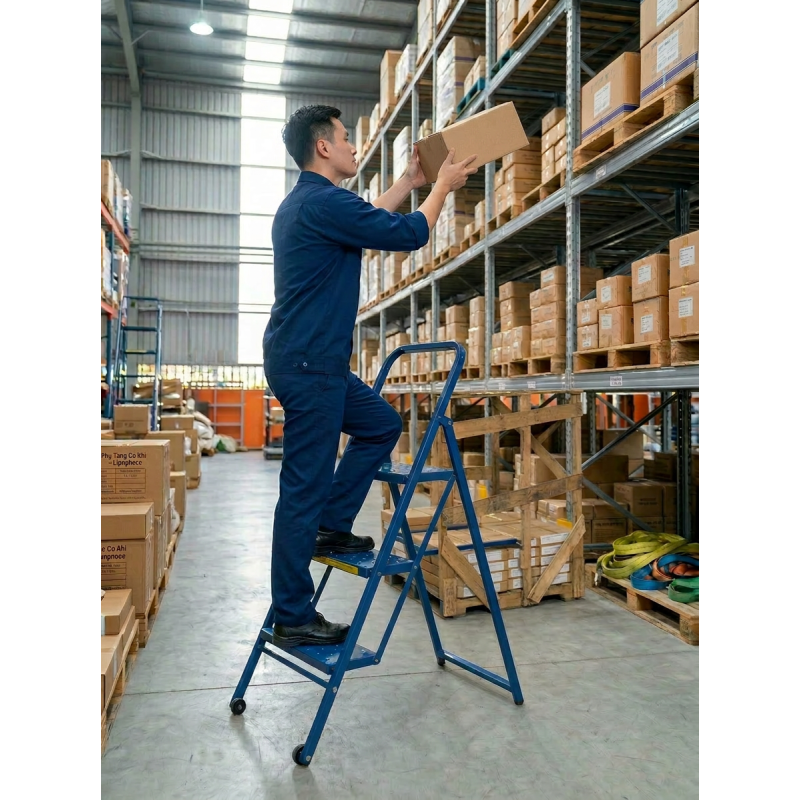THANG 3 BẬC DI ĐỘNG GẤP GỌN GIẢI PHÁP AN TOÀN CHO KHO XƯỞNG